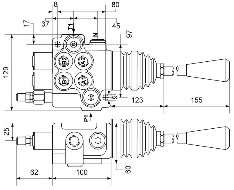 Monoblok HHVK-2S JOYSTICK VENTIL V3 40L litara upravljanjem 2 sekcija  (poz.A A) 3/8&quot; / 1/2&quot; 250 Bara